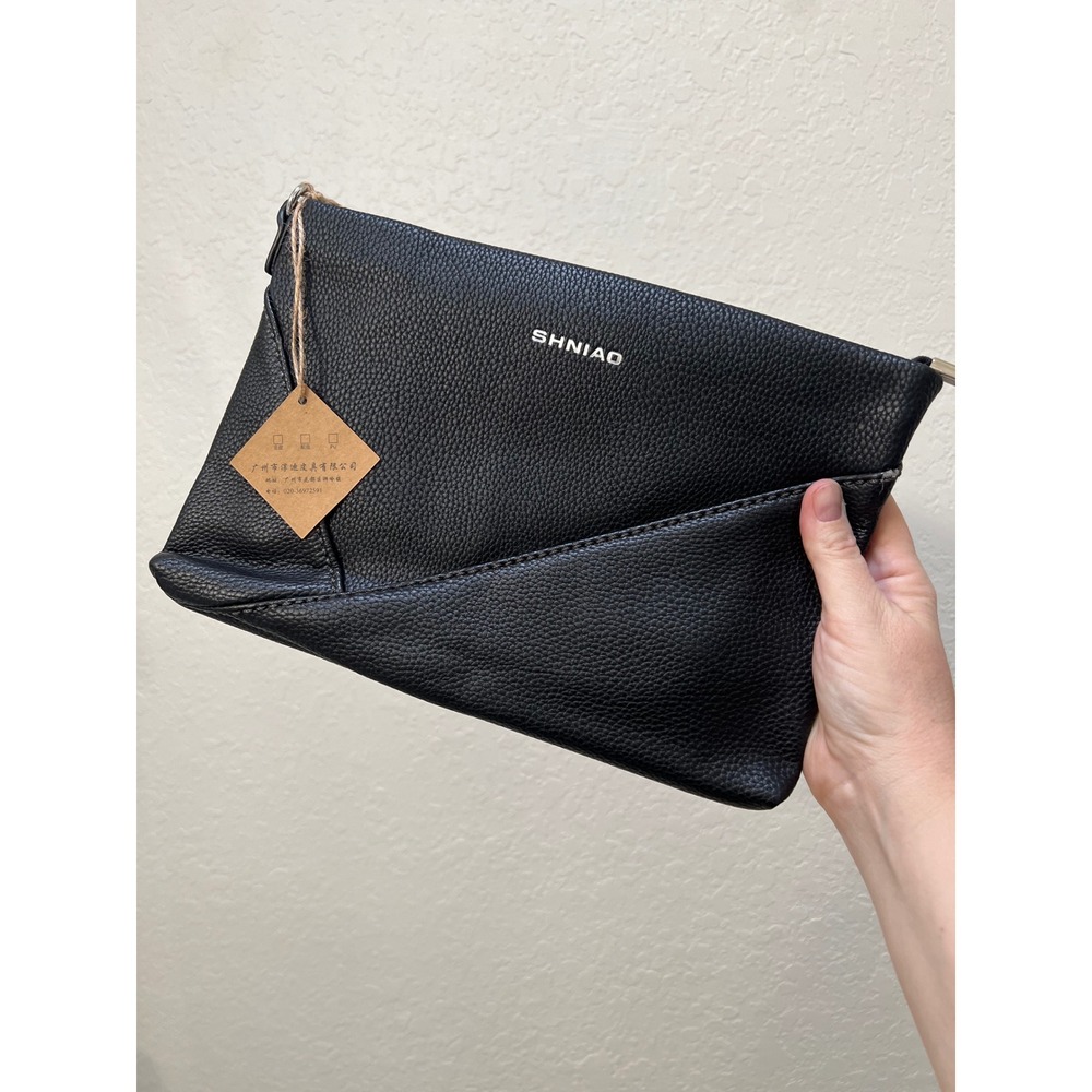 SHNIAO Black Pebbled Faux Leather Zipper Clutch Bag Wristlet Minimalist SH01L